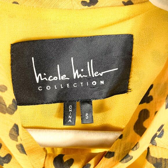 Nicole Miller Yellow Leopard Top Bow Neck Tie Blouse Cap Sleeve Ruffle Sz S - Picture 6 of 9